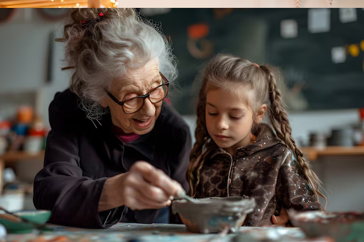 grandmother teaching child traditions