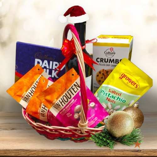 Holiday Treats Basket-Festive Wine And Snacks Basket Delivery