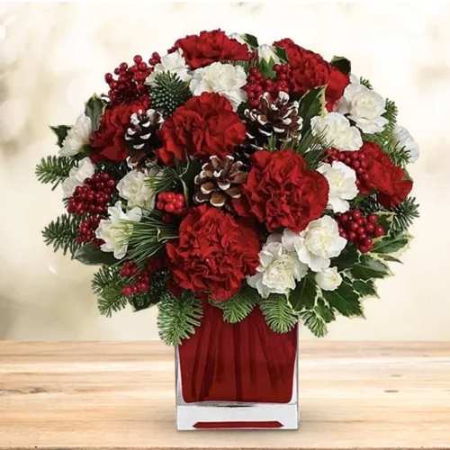 - Festive Red & White Carnations Arrangement In Vase