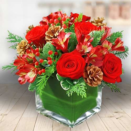 - Holiday Red Flower Arrangement In Cube Vase
