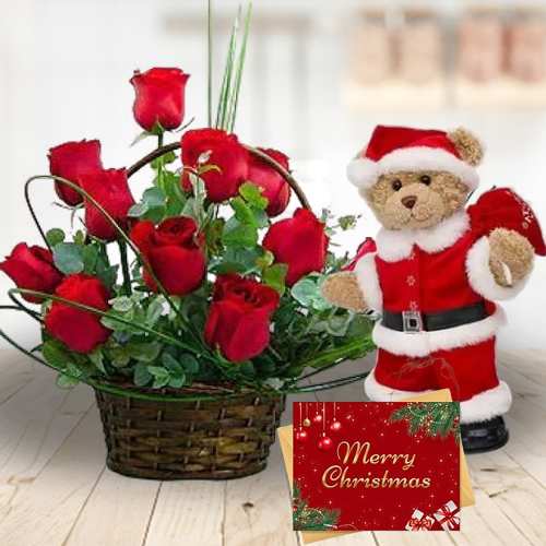 - Red Roses Basket With Santa Claus