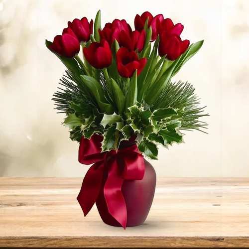- Festive Red Tulips Vase Arrangement