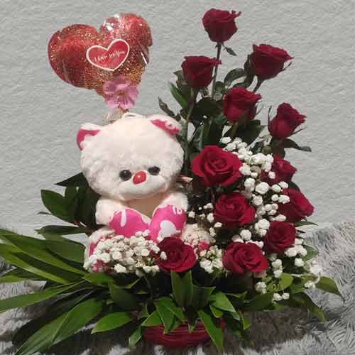 Valentine’s Day Rose And Teddy Arrangement