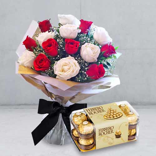 Always Mine-Vday Red And White Roses With Ferrero Chocolate Box