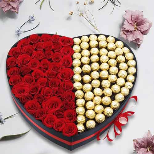 Valentines Day Heart Arrangement With Red Roses And Chocolates