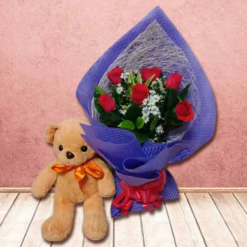 Valentine’s Day Rose Bouquet With Brown Bear Delivery