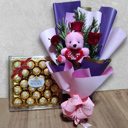 Valentine Rose And Teddy Bouquet With Ferrero Chocolates